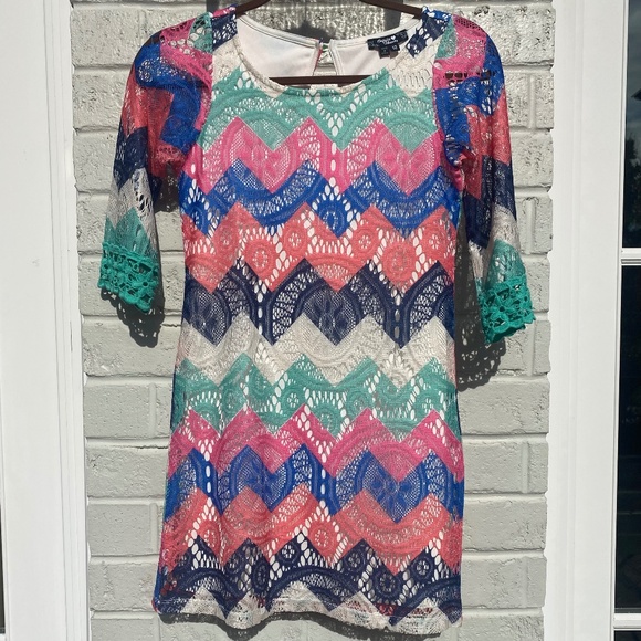 Sequin Hearts dress 3/4 sleeve multicolored chevron lace 12 - Picture 3 of 13
